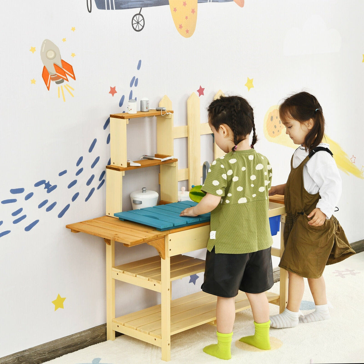 Juego de cocina de juguete de madera para niños al aire libre