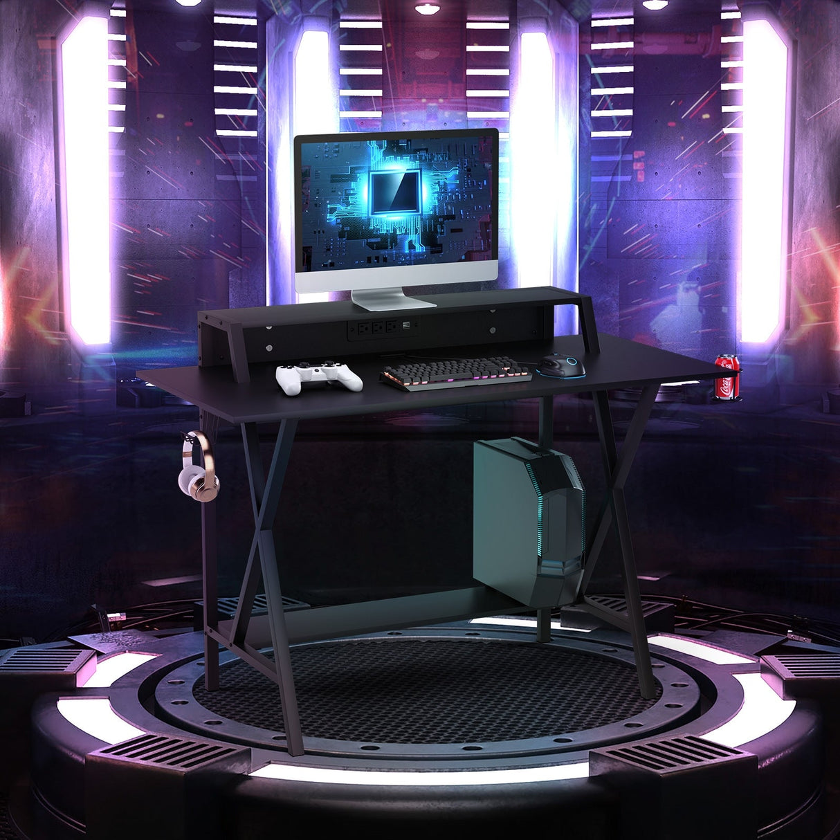Escritorio gaming profesional todo en uno con soporte para vasos y auriculares