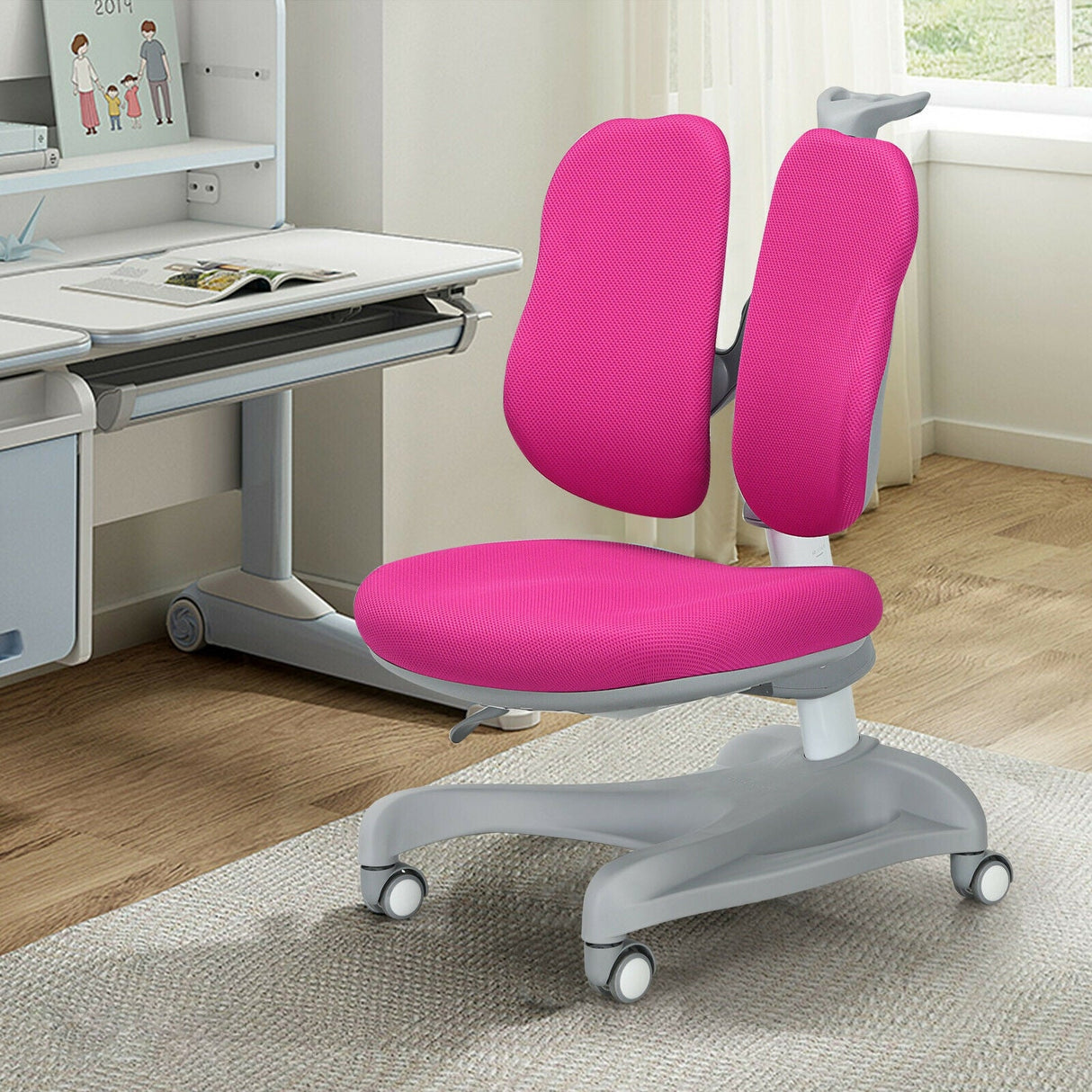 Silla estudiantil de altura regulable con ruedas con freno de asiento y soporte lumbar para el hogar y la escuela
