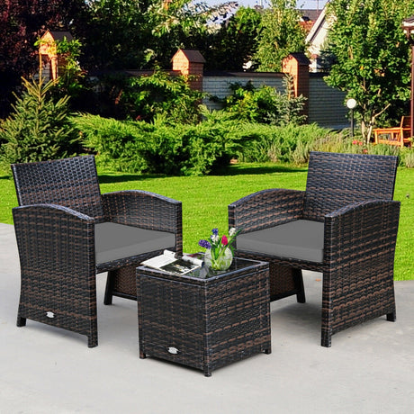 Juego de 3 Muebles de Ratán PE de Mimbre con Cojín Sofá y Mesa de Café para Jardín
