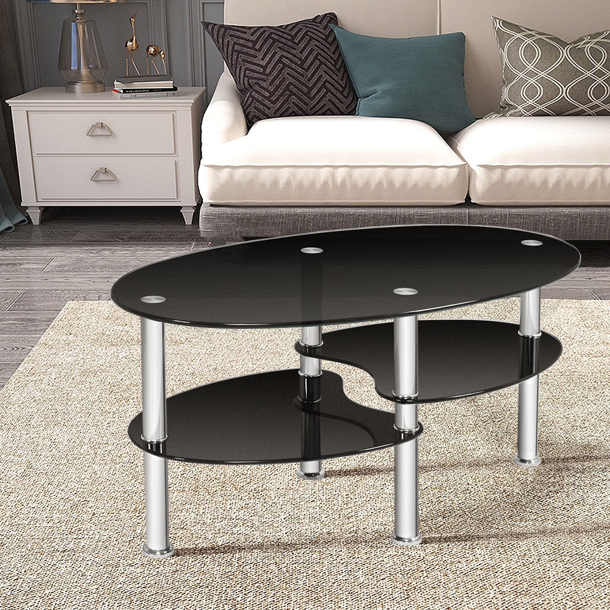 Mesa de centro ovalada de cristal templado