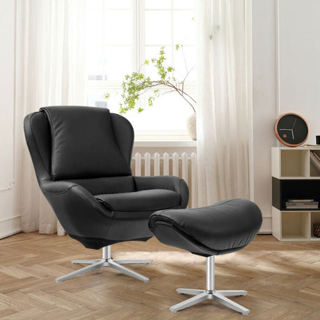 Sillón reclinable giratorio 360° de cuero con otomana y base de aleación de aluminio