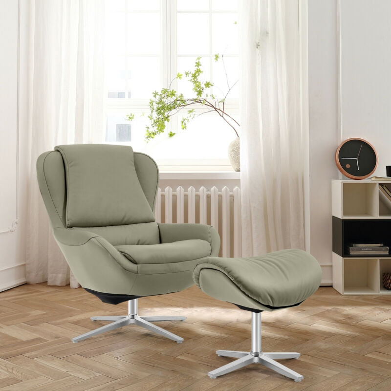 Sillón reclinable giratorio 360° de cuero con otomana y base de aleación de aluminio