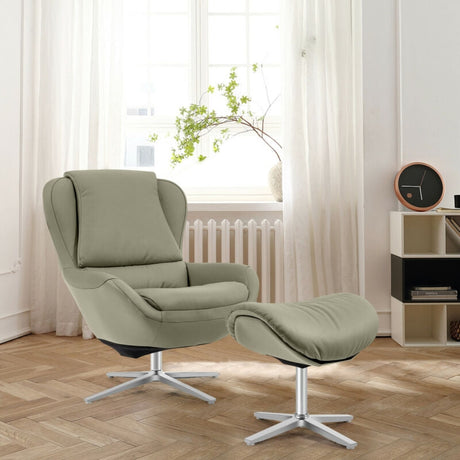 Sillón reclinable giratorio 360° de cuero con otomana y base de aleación de aluminio