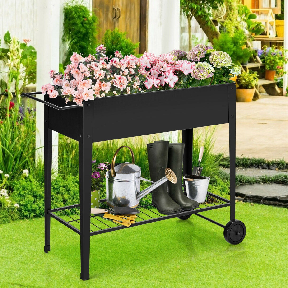Cama de jardín elevada, maceta alta con ruedas, maceta de acero con estante, negra