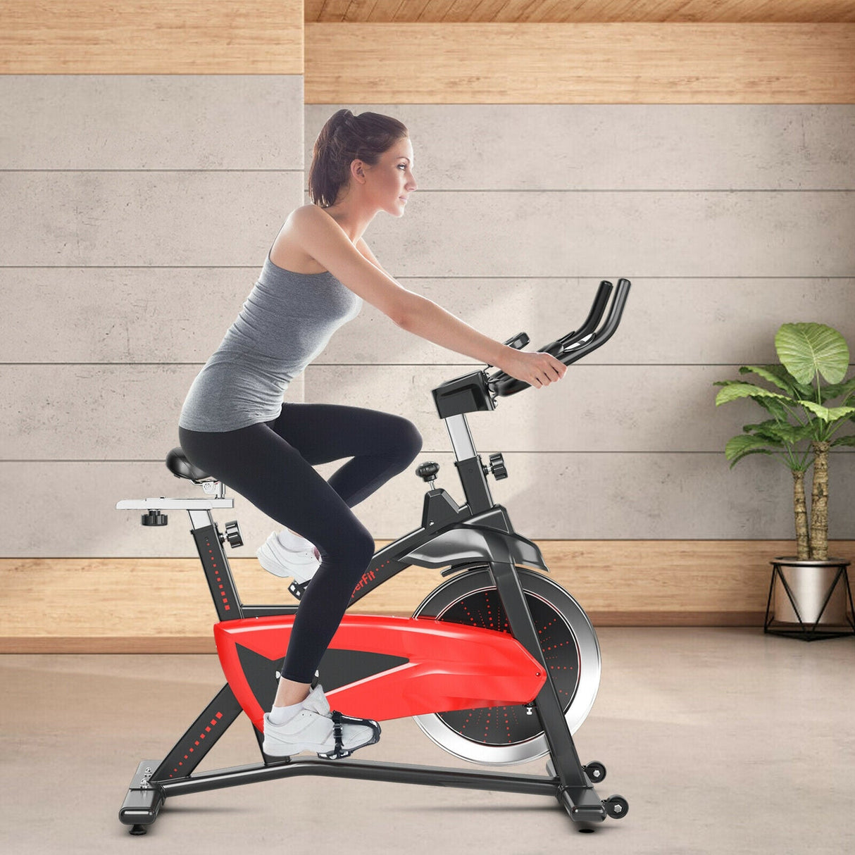 Bicicleta Estática Magnética con Volante de Inercia de 35 libras para Casa y Gimnasio - Negra y Roja