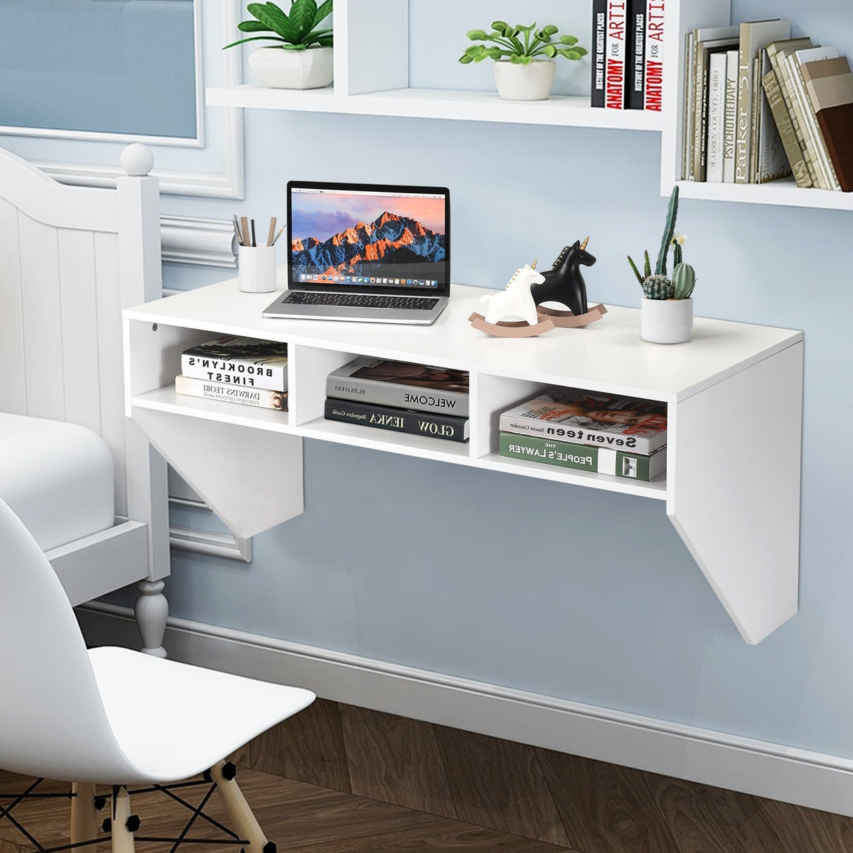 Mesa flotante de ordenador de pared con estante de almacenamiento - Blanco
