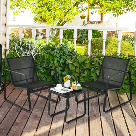 Juego de 3 Muebles de Bistró para Patio con Mesa de Vidrio Jardín Terraza-Negro