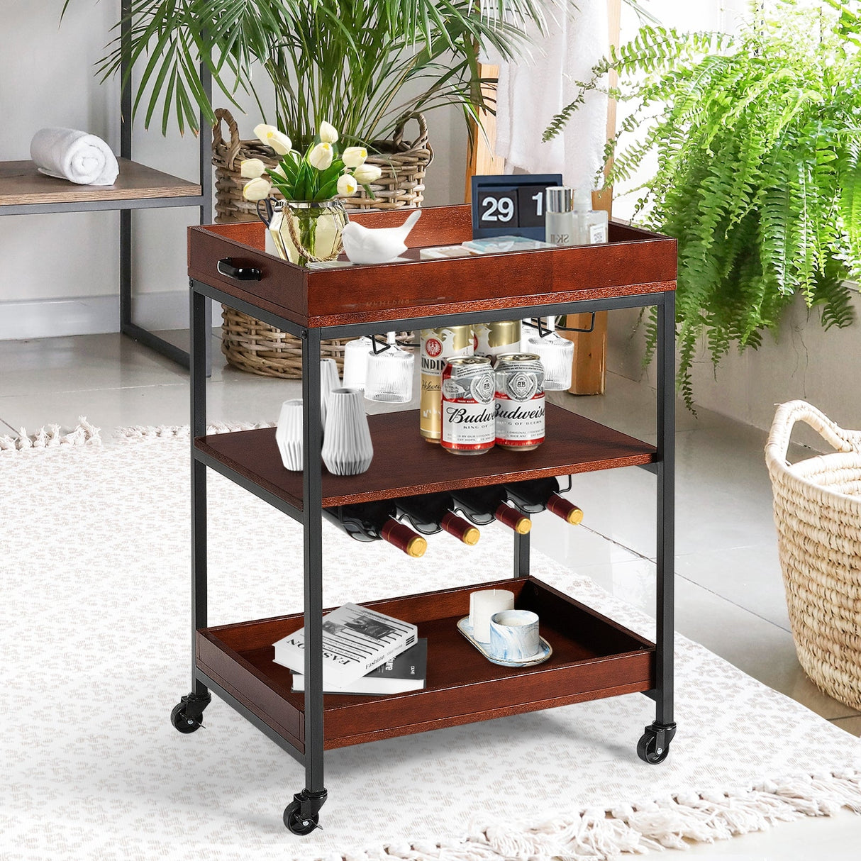 Carrito de bar de cocina de 3 niveles con soporte para vasos y botellero