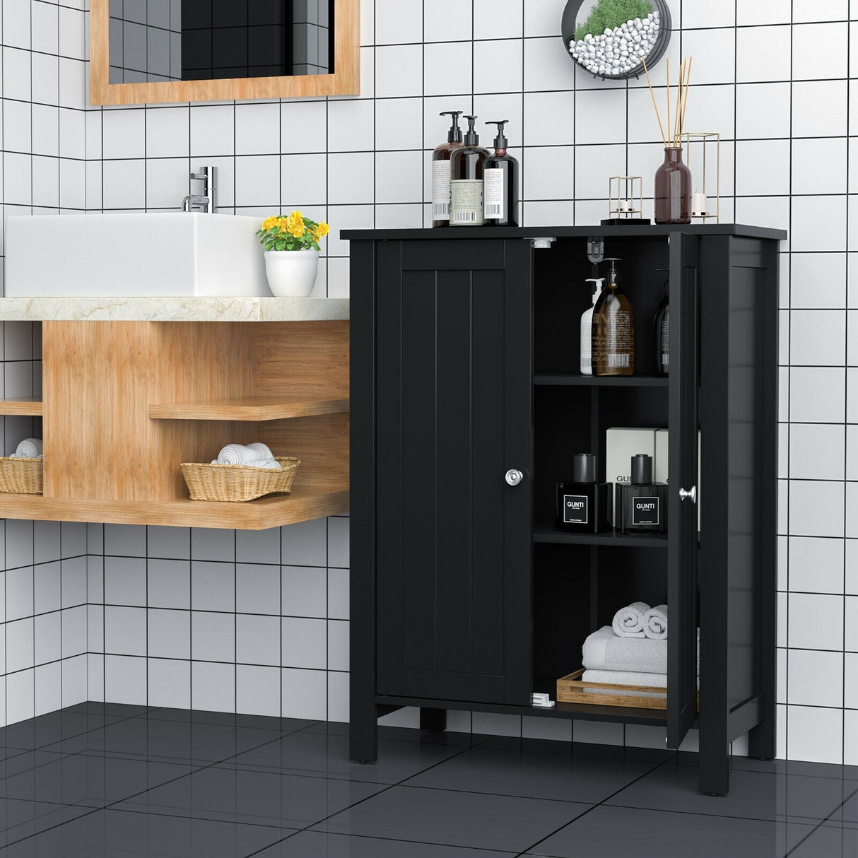 Organizador de almacenamiento de pie para baño de 2 puertas con ahorro de espacio