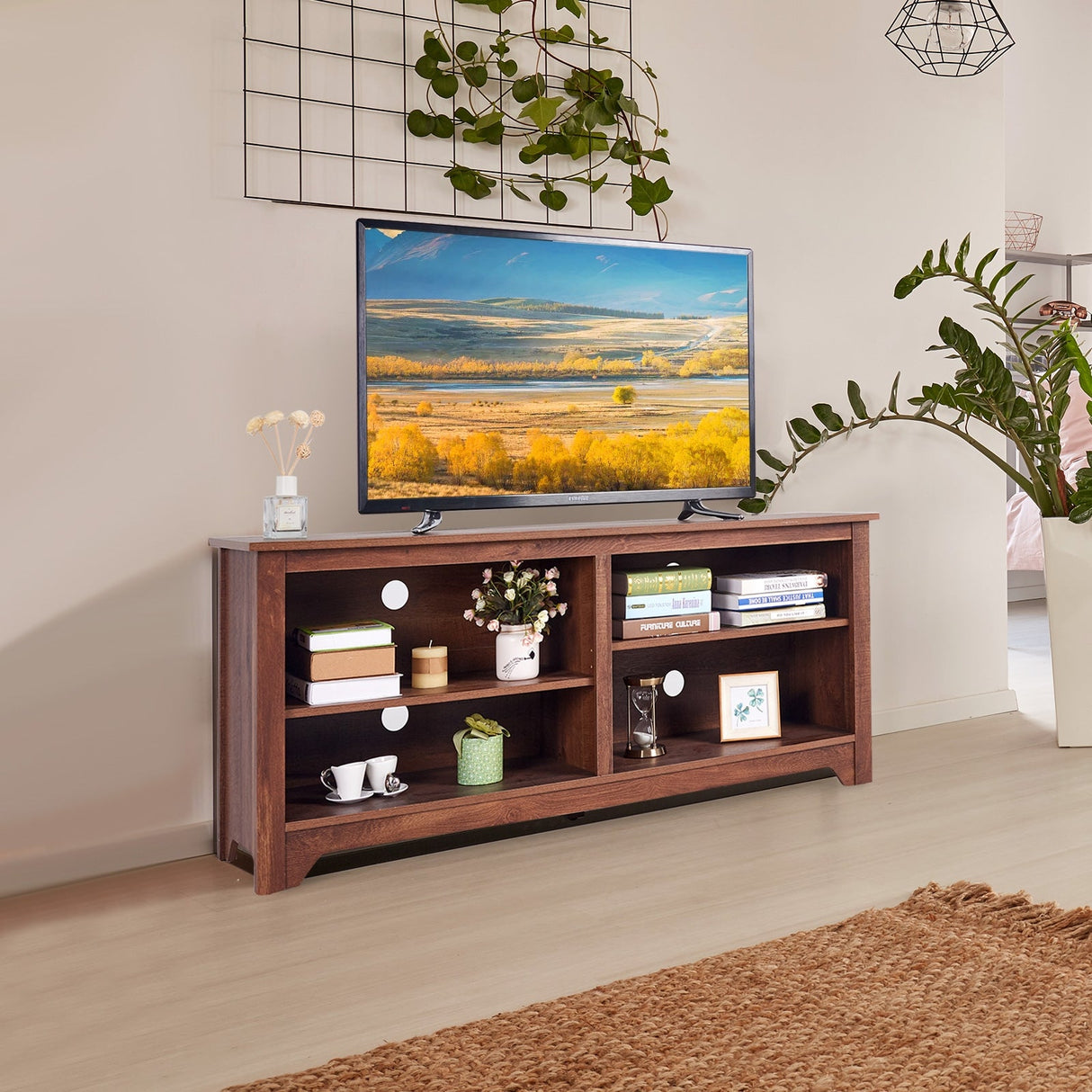 Mueble para TV de madera de 58 pulgadas para televisores de hasta 65 pulgadas con 4 estantes de almacenamiento abiertos