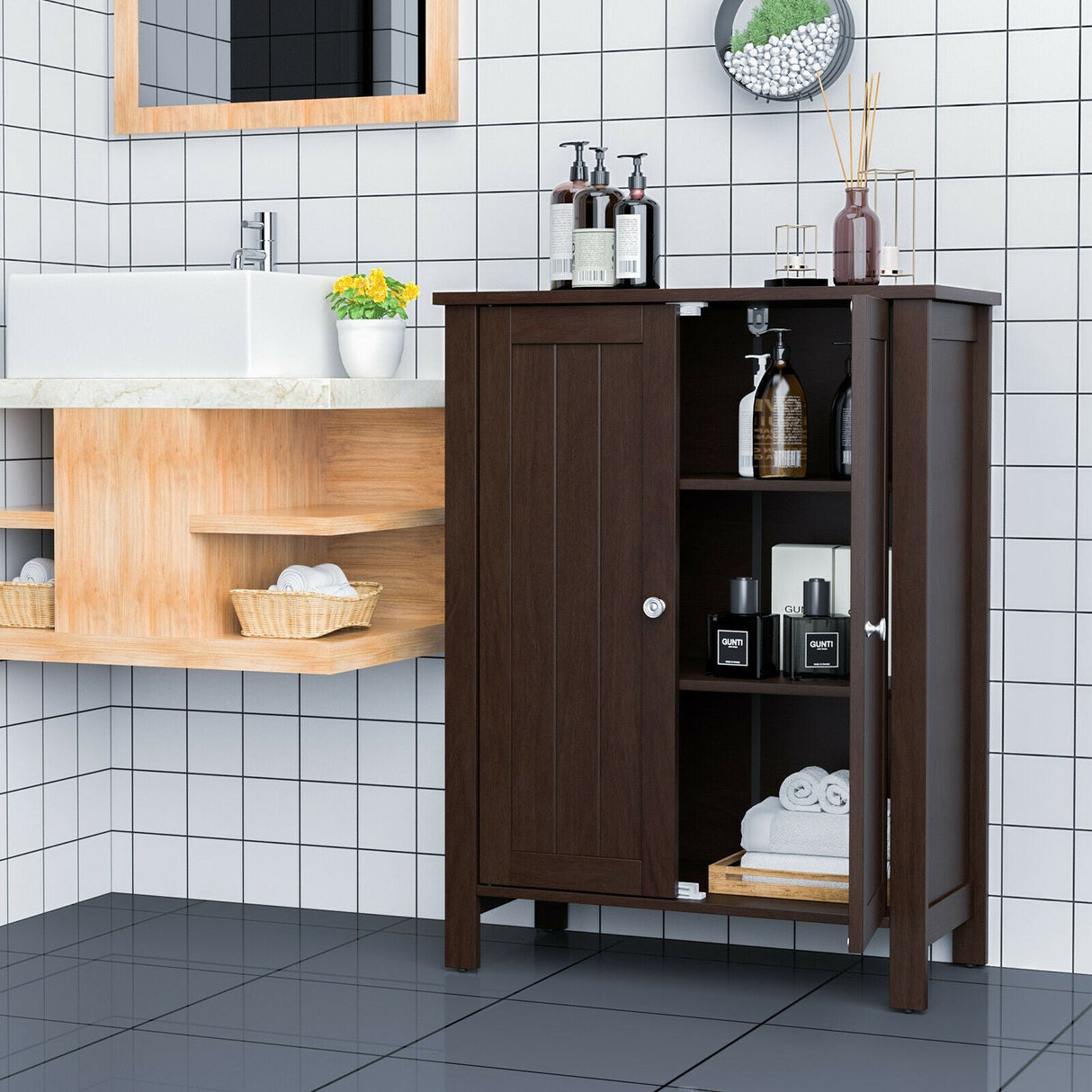 Organizador de almacenamiento de pie para baño de 2 puertas con ahorro de espacio