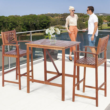 Juego de bar de patio de madera de acacia de 3 piezas con respaldo con estampado de girasol