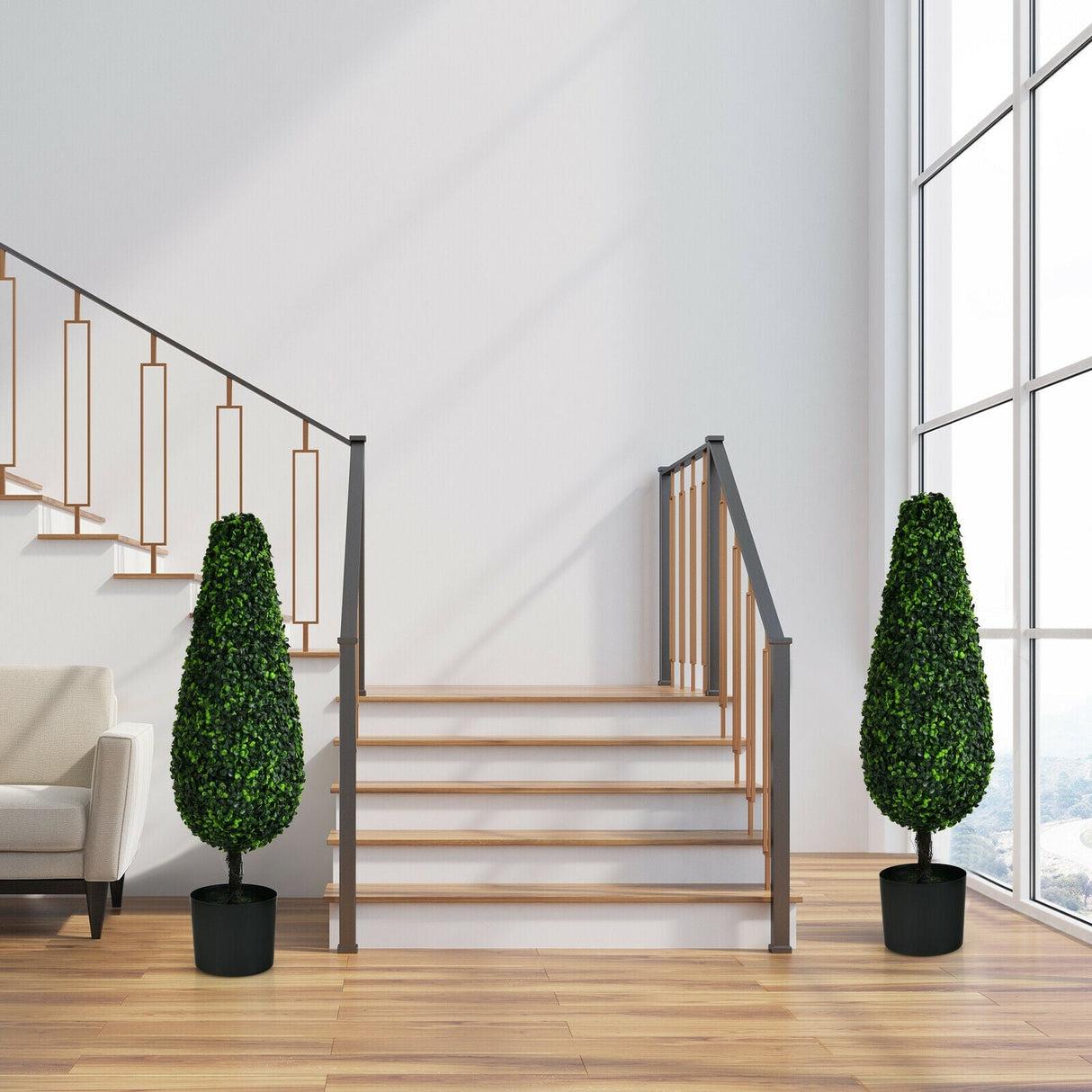 Paquete de 2 árboles topiarios artificiales de torre de 90 cm resistentes a los rayos UV para interior y exterior