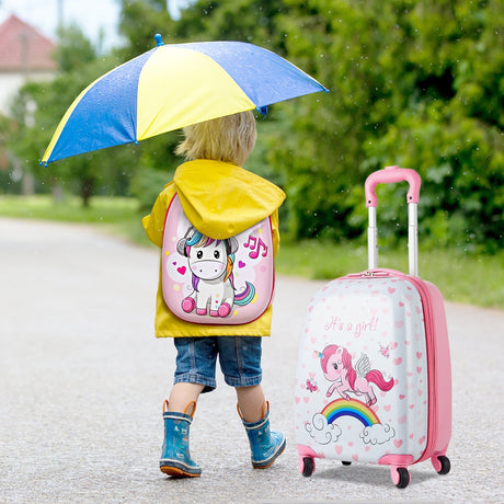 Juego de equipaje para niños de 2 piezas, mochila de 12 pulgadas y maleta de cabina con ruedas para niños de 16 pulgadas