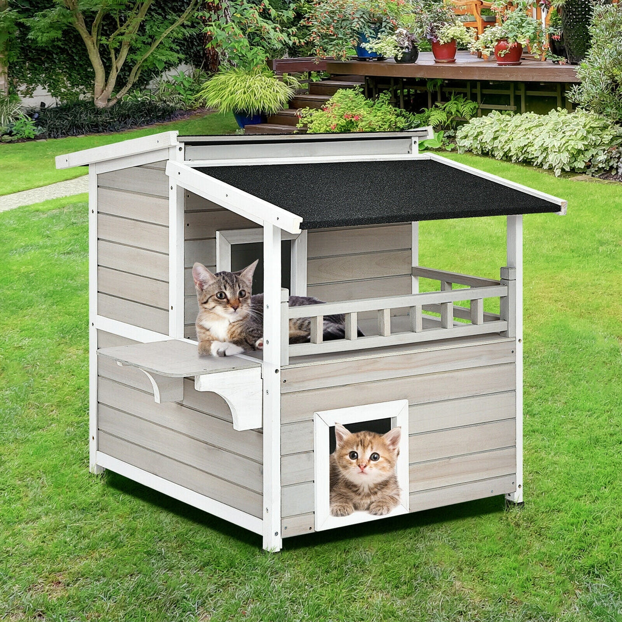 Condominio de lujo para gatos de madera de 2 pisos con balcón grande