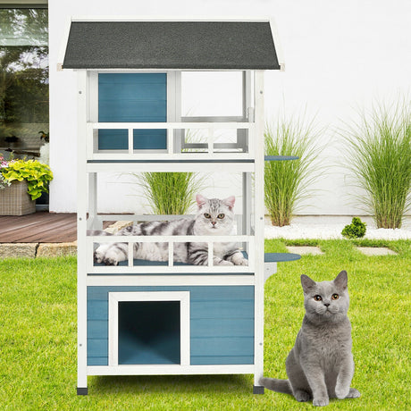 Catio de madera para gatos de 2 pisos para exteriores con recinto y refugio