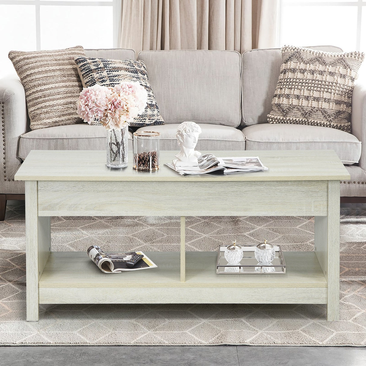 Lift Top Coffee Table with Hidden Storage Compartment and Lower Shelf for Study Room