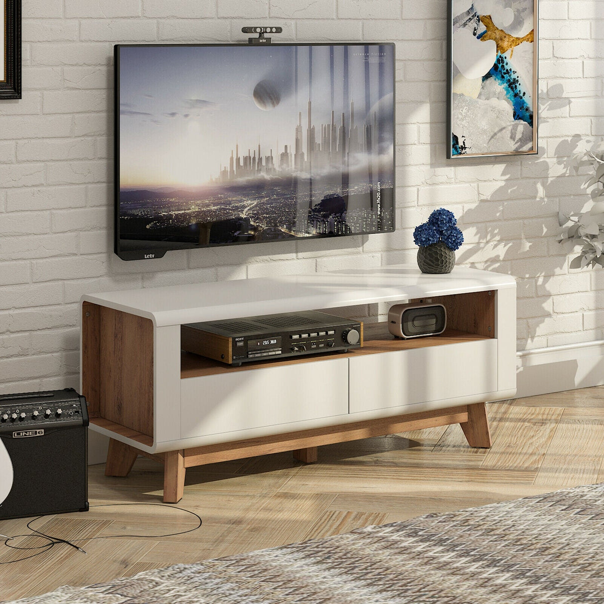Mueble para TV con 2 cajones extraíbles y compartimento abierto para televisores de hasta 50 pulgadas