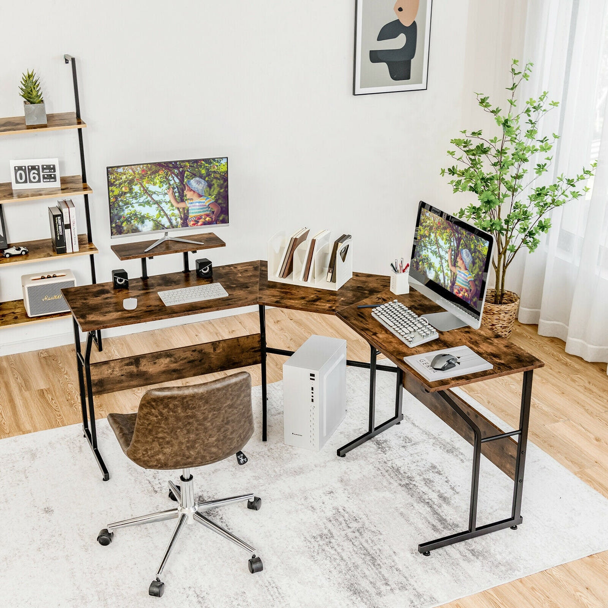 Mesa de escritorio para ordenador en forma de L reversible de 88,5 pulgadas con soporte para monitor