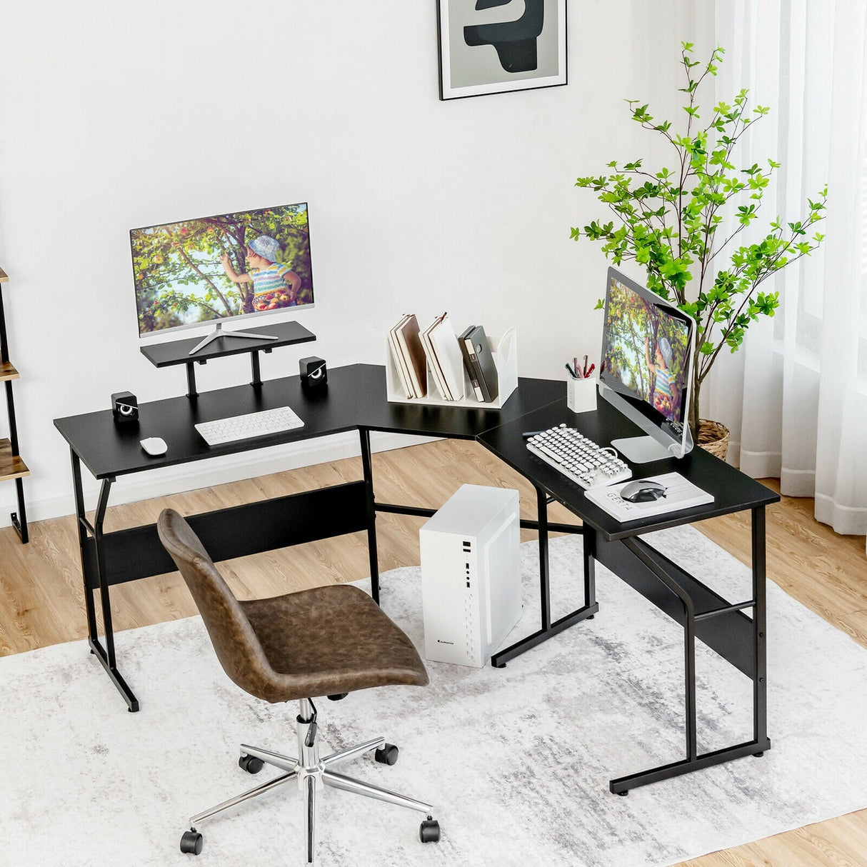 Mesa de escritorio para ordenador en forma de L reversible de 88,5 pulgadas con soporte para monitor