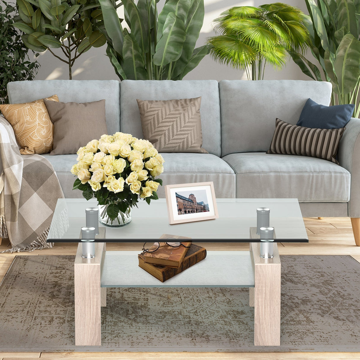 Mesa de centro rectangular de cristal con patas metálicas para salón