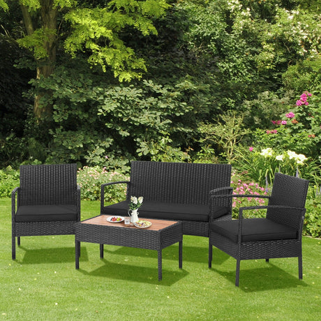 Juego de Muebles de Patio de Ratán Acolchados de 4 Piezas con Mesa de Centro de Madera