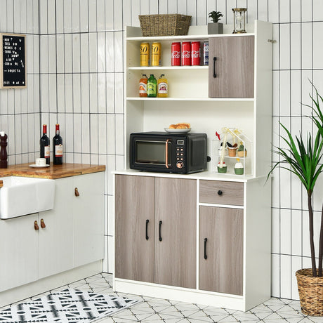 Buffet de cocina independiente de 4 puertas con vitrina y estantes ajustables