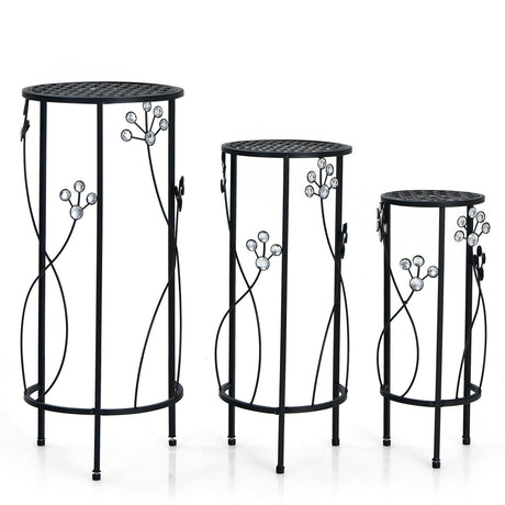 Set de 3 soportes de metal para plantas con detalles florales de cristal redondos - Negros