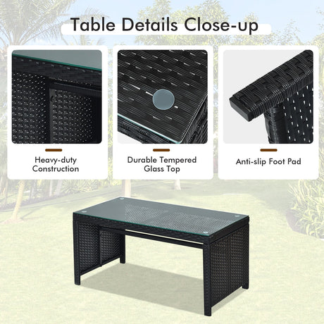 Juego de muebles de patio de ratán de 4 piezas con cojines resistentes a la intemperie y mesa de vidrio templado