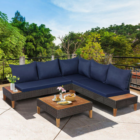Juego de muebles de ratán acolchados para patio de 4 piezas con mesa auxiliar de madera