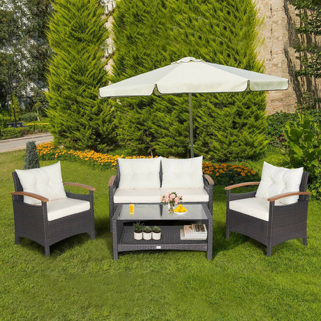 Juego de muebles de patio de ratán de 4 piezas con sofá acolchado y mesa de almacenamiento