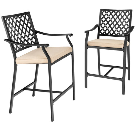 Taburete de bar para patio de 2 piezas con cojín de altura y reposabrazos