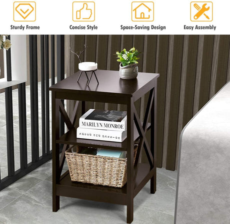 Mesitas de noche de 3 niveles con diseño en X y estantes de almacenamiento para sala de estar y dormitorio