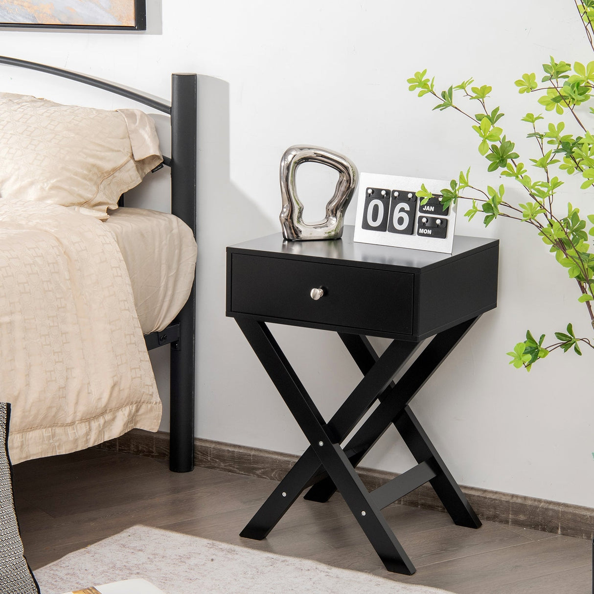 Mesita de noche moderna en forma de X con cajón para sala de estar o dormitorio