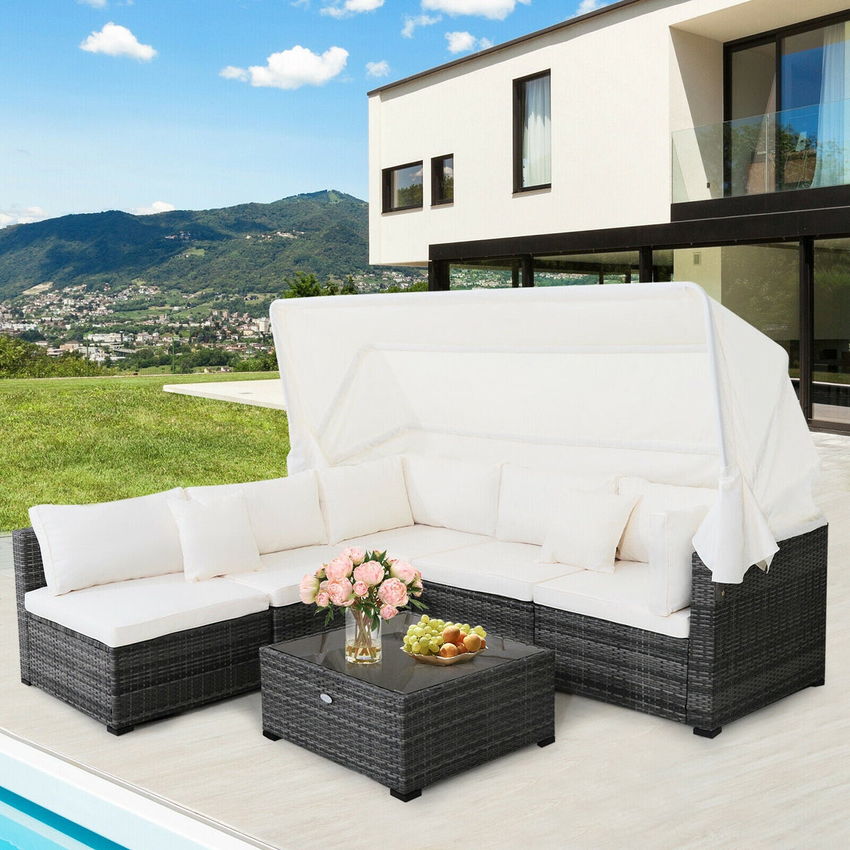 Juego de muebles de patio de ratán de 6 piezas con toldo retráctil