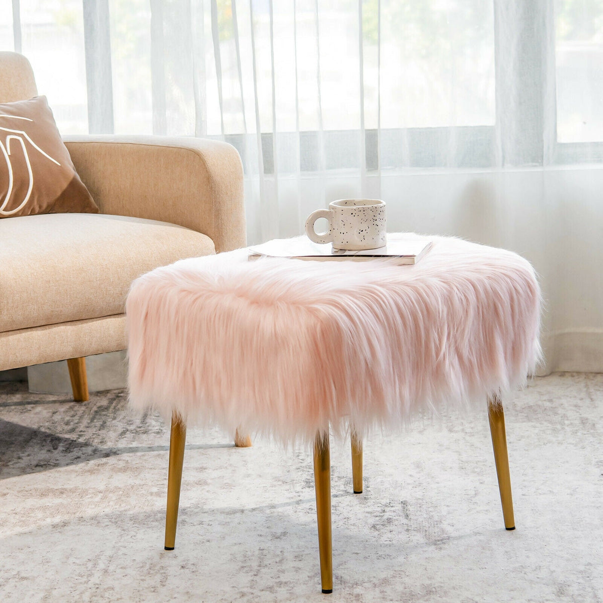 Taburete de Tocador de Pelo Sintético con Patas de Metal Doradas para Sala de Maquillaje