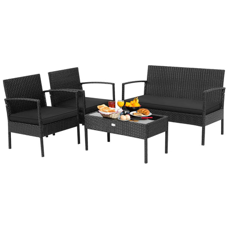 Juego de muebles de patio de ratán de 4 piezas con cojines