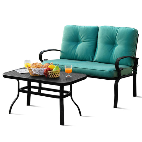 Juego de muebles de 2 piezas de mesa de banco de dos plazas para patio con silla acolchada - Azul