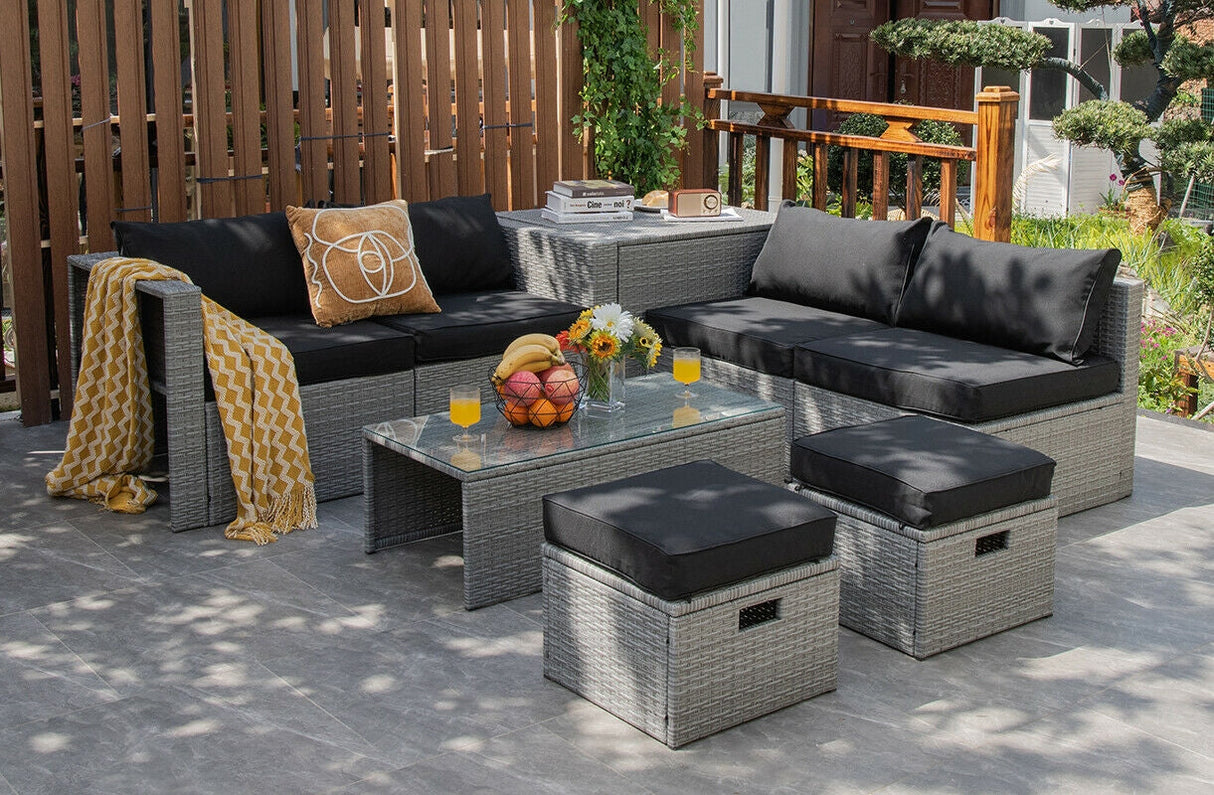 Juego de Muebles de Patio de Ratán de 8 Piezas con Funda Impermeable y Cojines