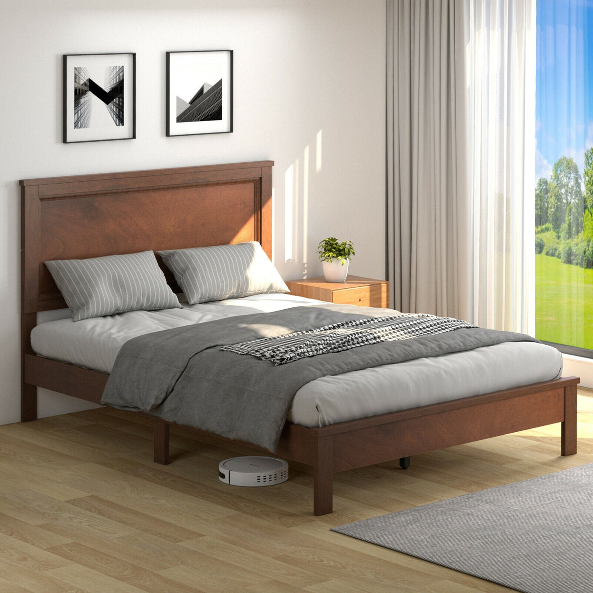 Base de cama de plataforma de tamaño matrimonial con somier de listones y cabecero alto