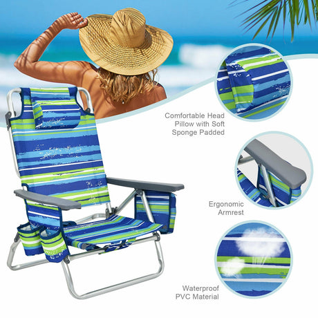 Sillón reclinable plegable de playa para exterior con mochila, 5 posiciones, 4 unidades, con almohada