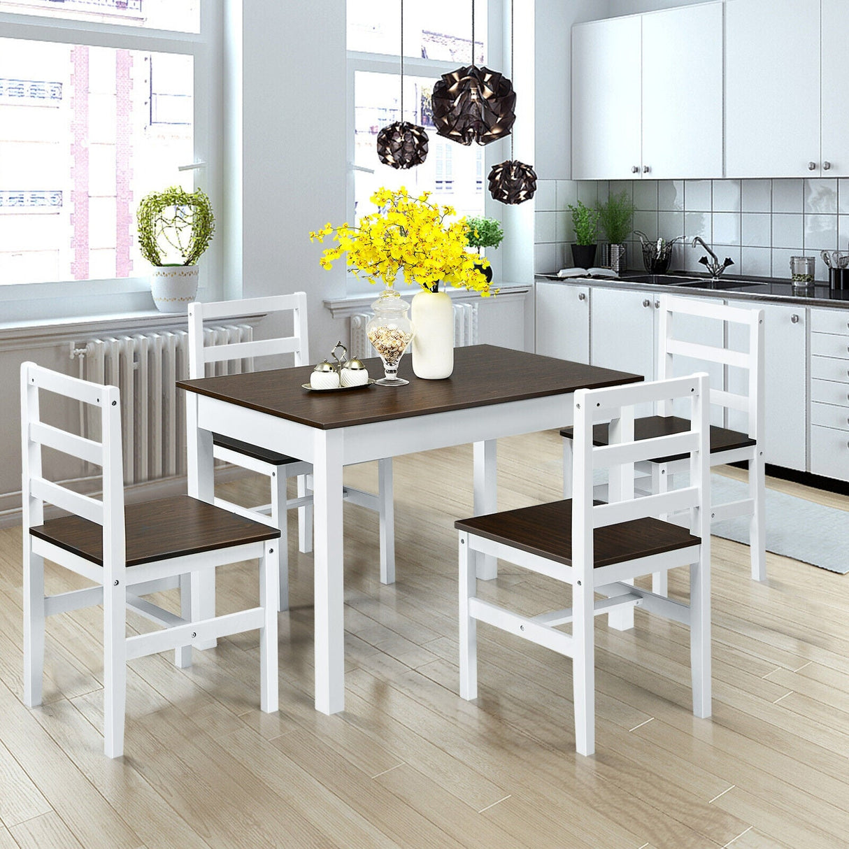 5 Pieces Solid Wood Compact Kitchen Dining Set-Walnut