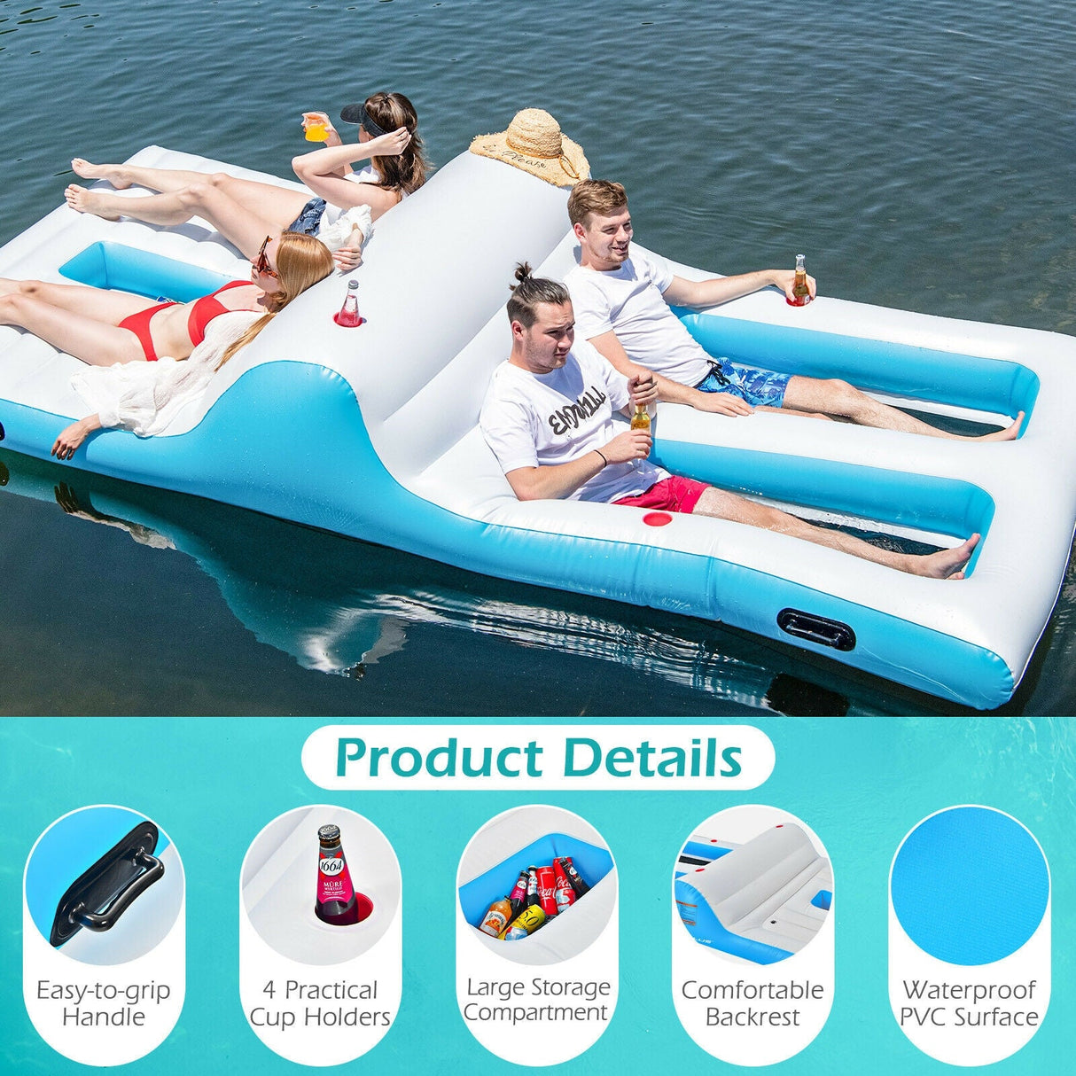 Balsa Inflable de Descanso para 4 Personas con Bomba de Aire Eléctrica de 130W - Blanca