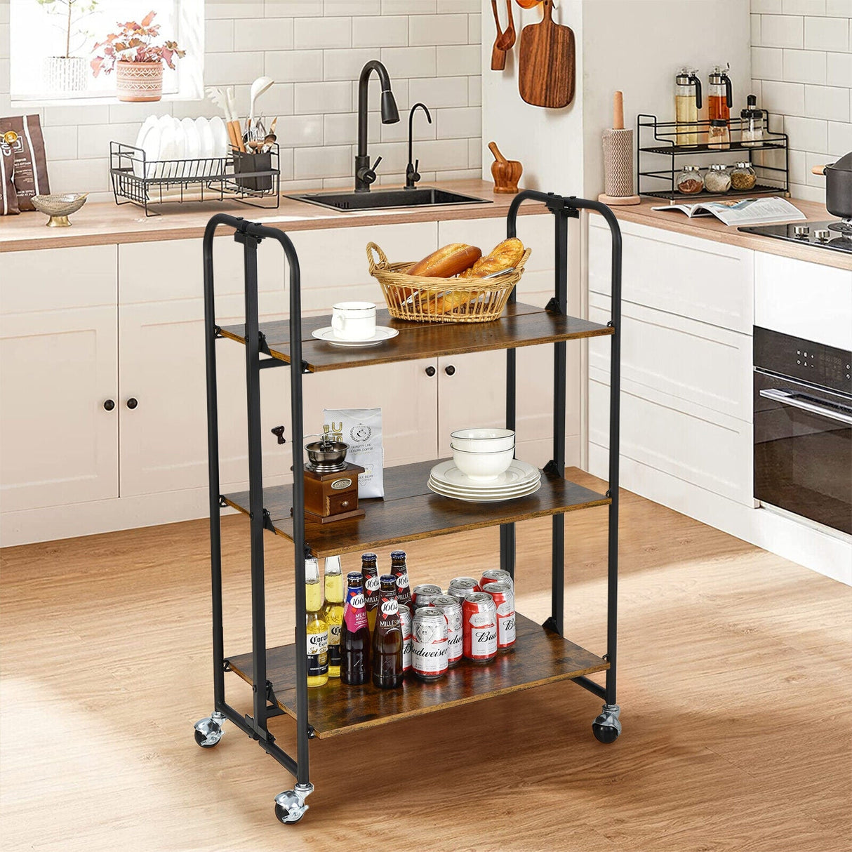 Carrito Rodante Plegable de 3 Niveles con Estantes de Almacenamiento para Cocina