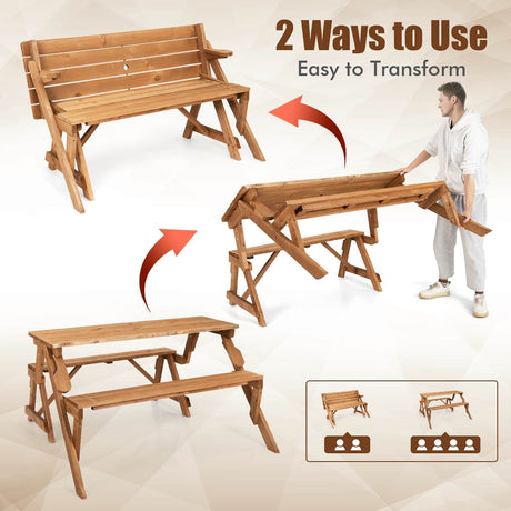 Mesa de picnic de madera transformable 2 en 1 intercambiable con orificio para sombrilla - Marrón oscuro
