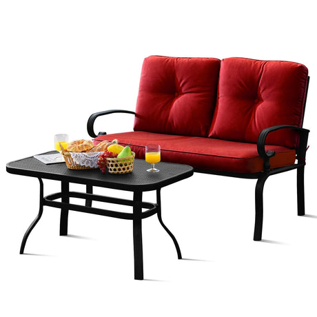 Juego de muebles de 2 piezas de mesa de banco de dos plazas para patio con silla acolchada - Azul