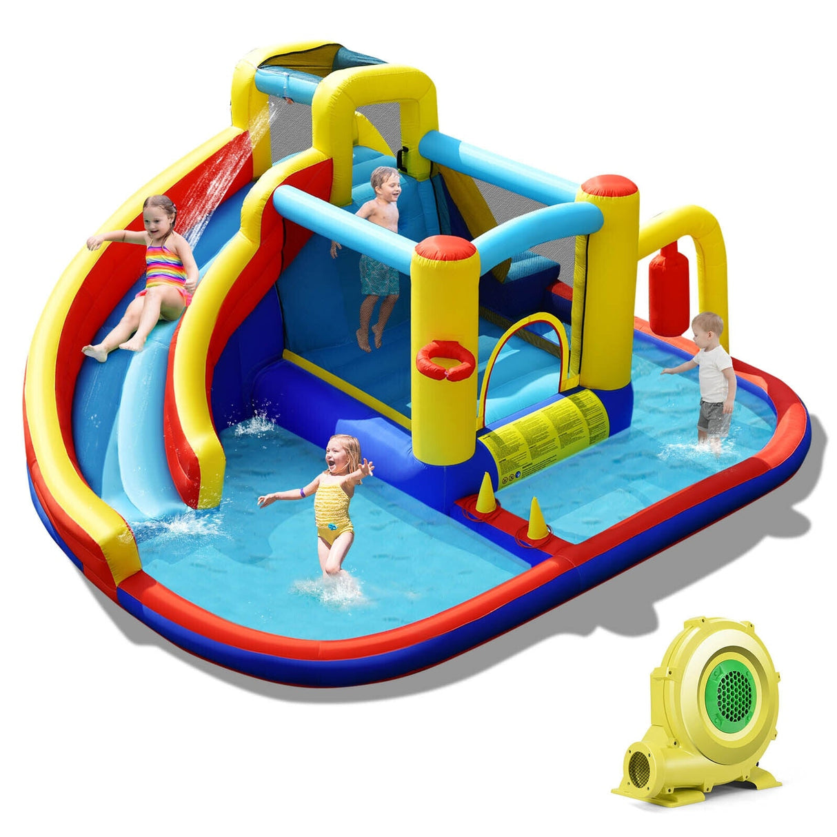 Tobogán acuático inflable 7 en 1 con soplador de aire de 735 W y piscina de salpicaduras