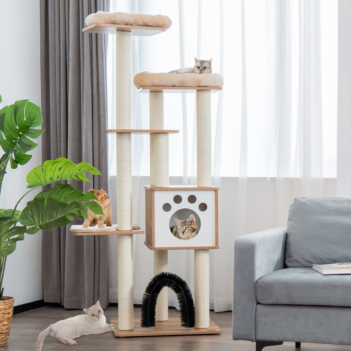 Árbol rascador para gatos de interior con plataforma y postes rascadores - Beige