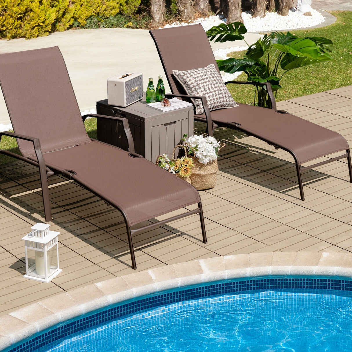 Juego de 2 tumbonas plegables para patio con respaldo ajustable - Marrón